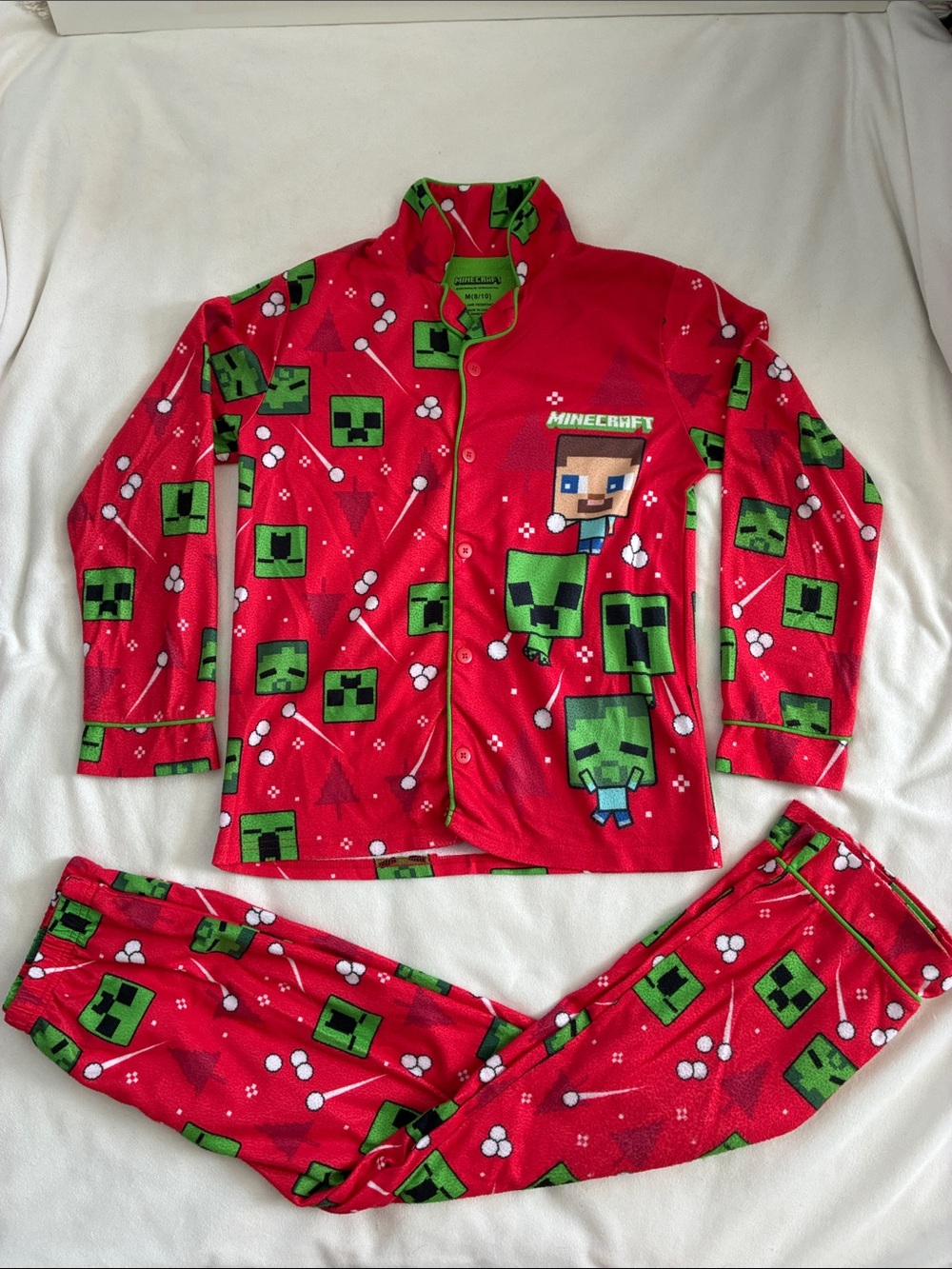 Minecraft Red Kids Pajama Set with Creeper and Steve Graphics